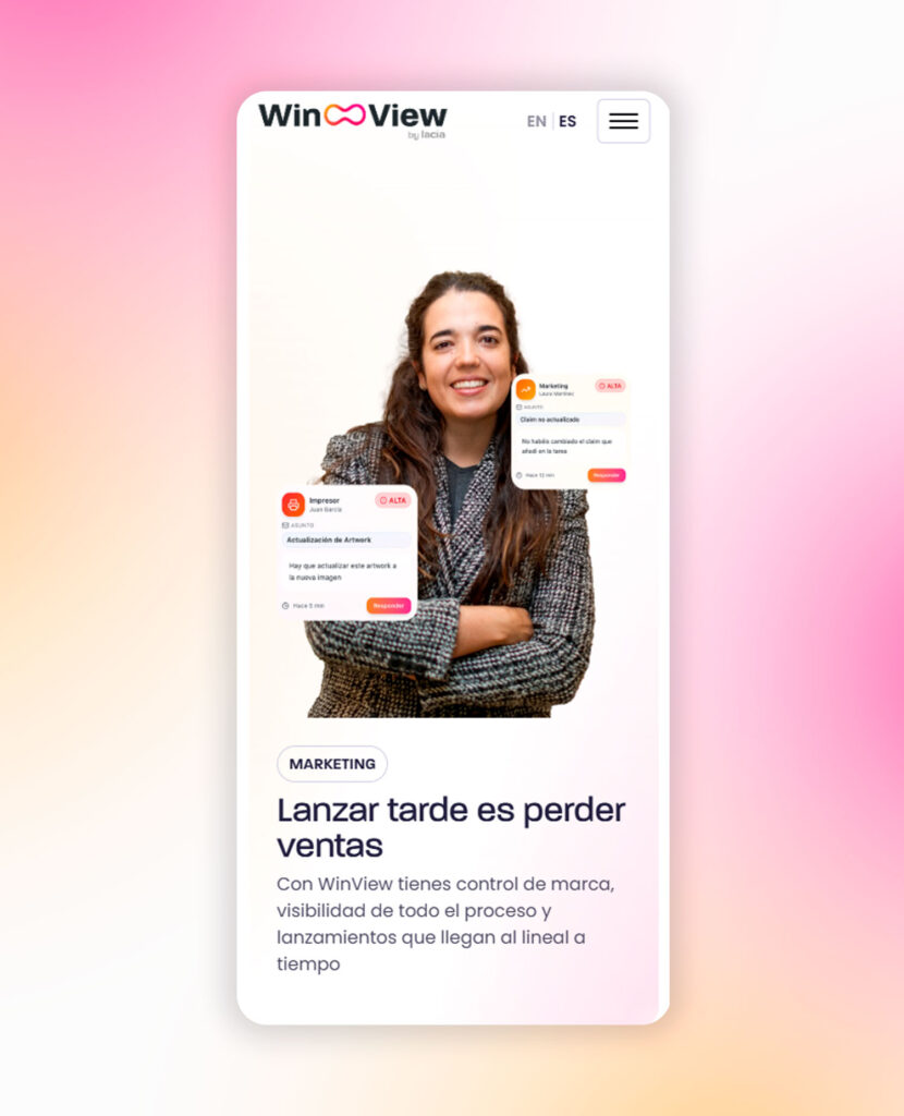 Web de Winview en móvil con el titular «Lanzar tarde es perder ventas»