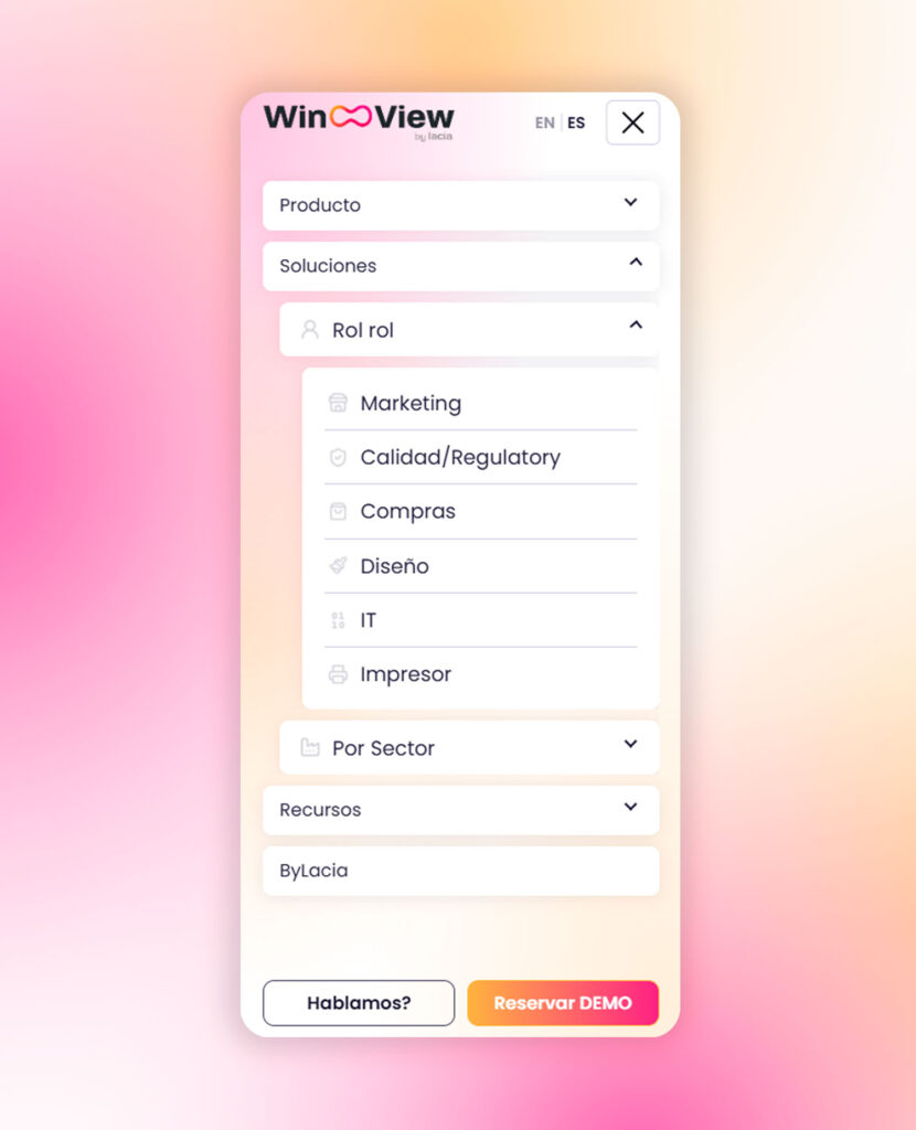 Web de Winview en móvil con el menú de navegación desplegado